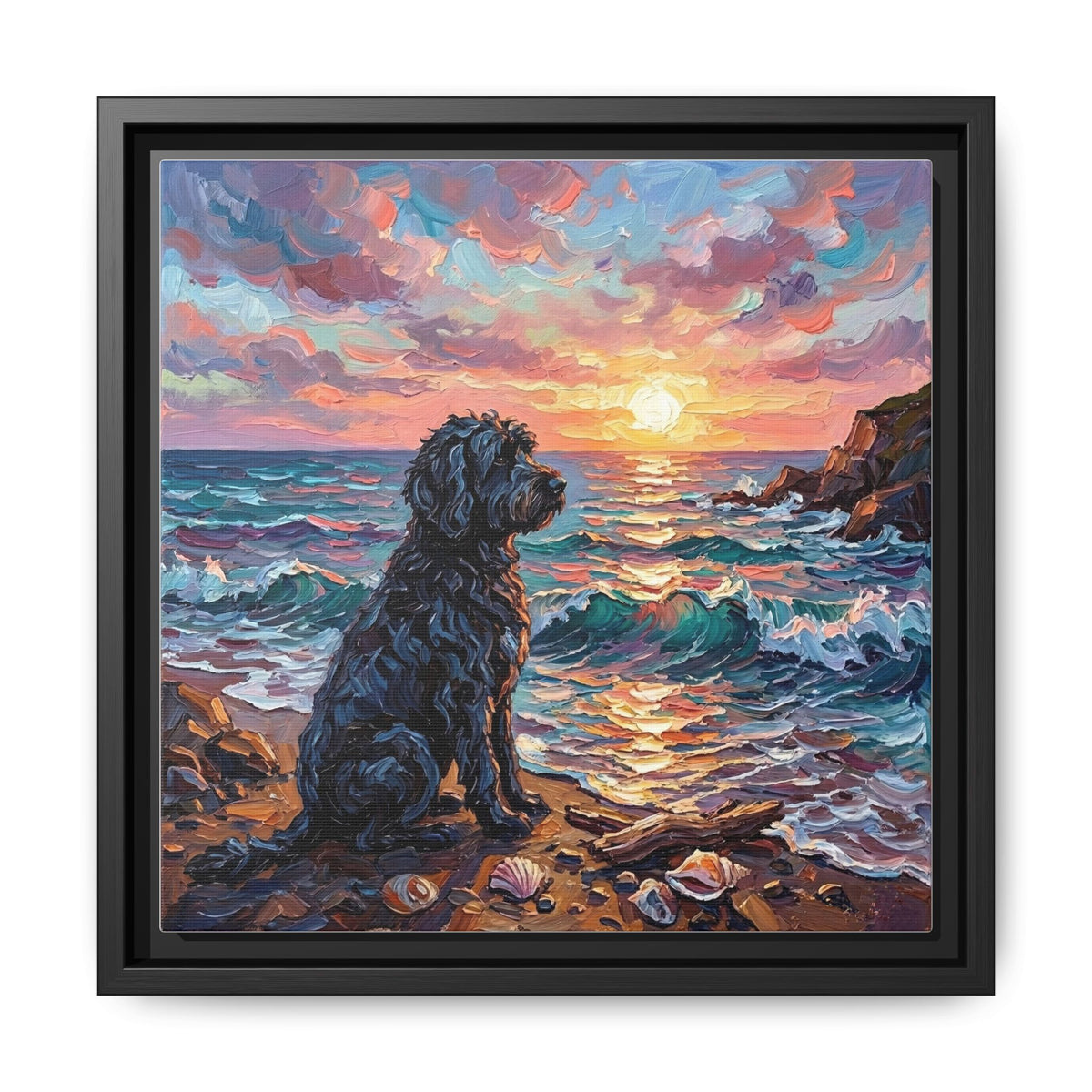 "Beach Days - Portuguese Water Dog" Framed Canvas Wall Art