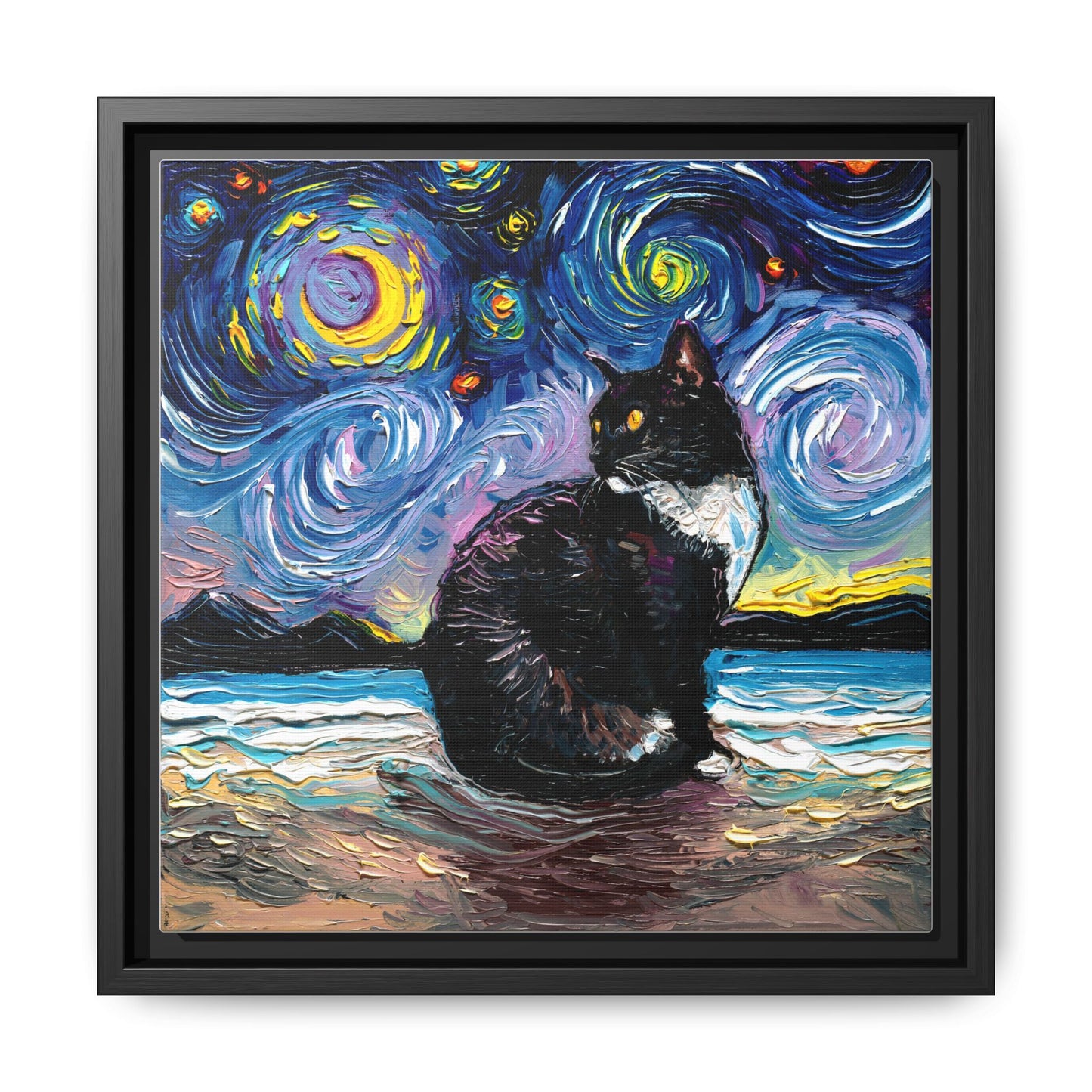 "Tuxedo Cat Night 2" Framed Canvas Wall Art