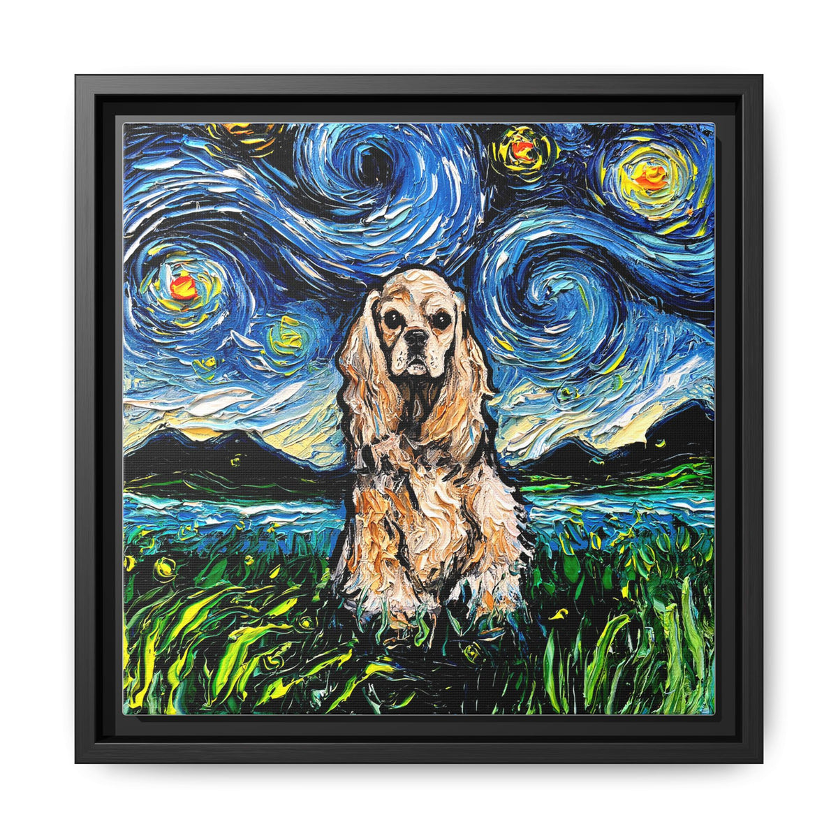 "Buff American Cocker Spaniel Night" Framed Canvas Wall Art