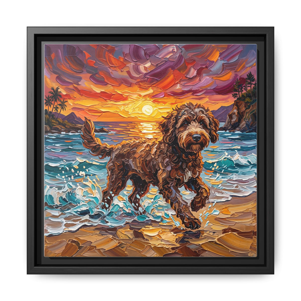 "Beach Day - Brown Goldendoodle" Framed Canvas Wall Art