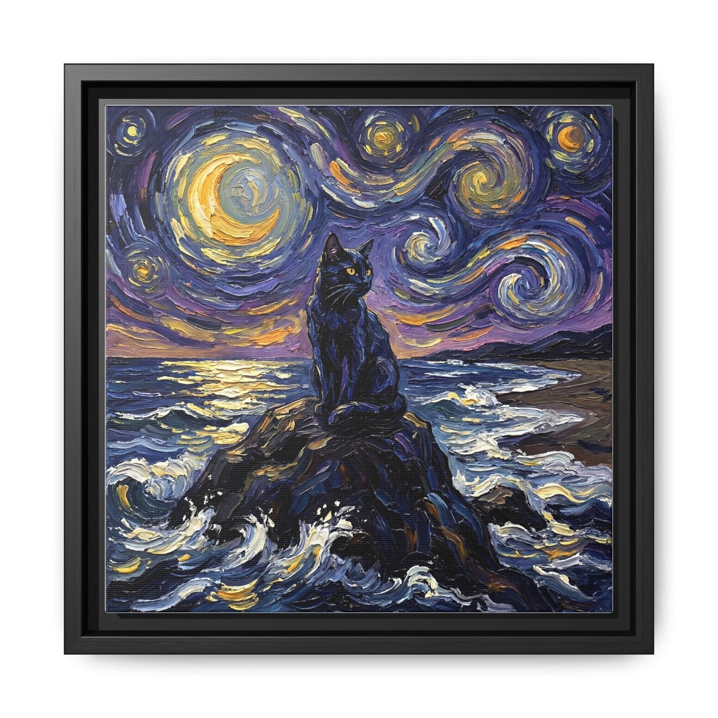 "Beach Night - Black Cat" Framed Canvas Wall Art