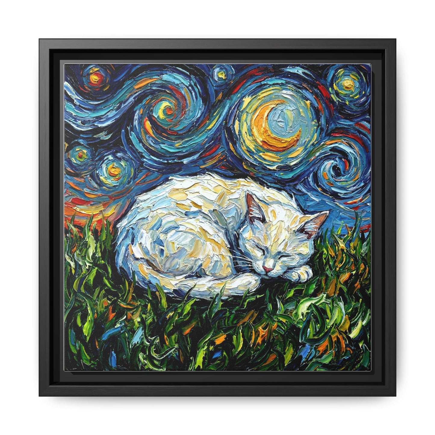 "Sleepy White Cat Night" Framed Canvas Wall Art