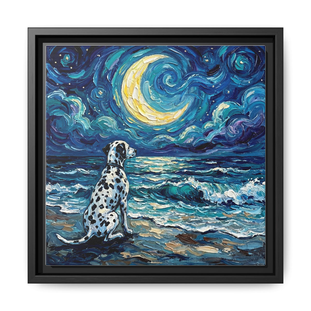"Beach Night - Dalmatian" Framed Canvas Wall Art