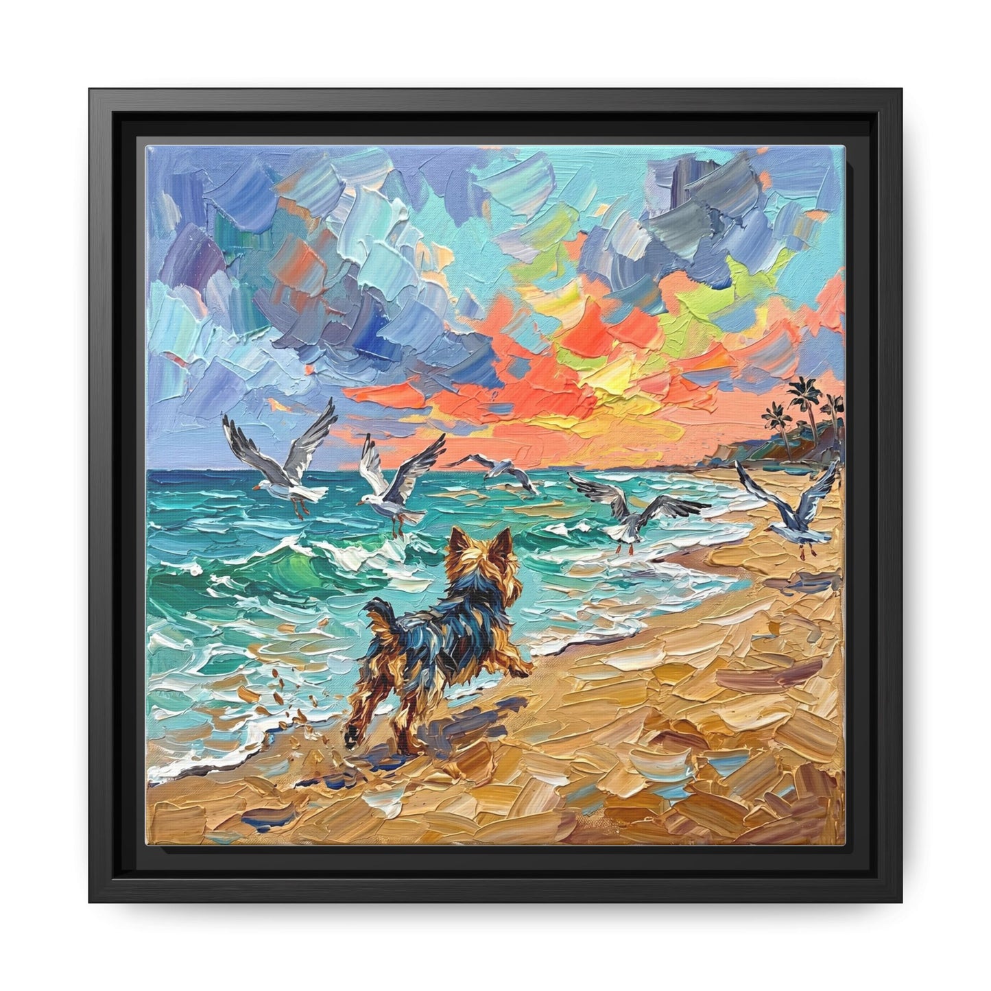 "Beach Day - Yorkie 2" Framed Canvas Wall Art