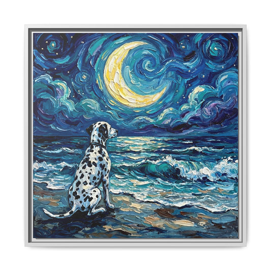 "Beach Night - Dalmatian" Framed Canvas Wall Art