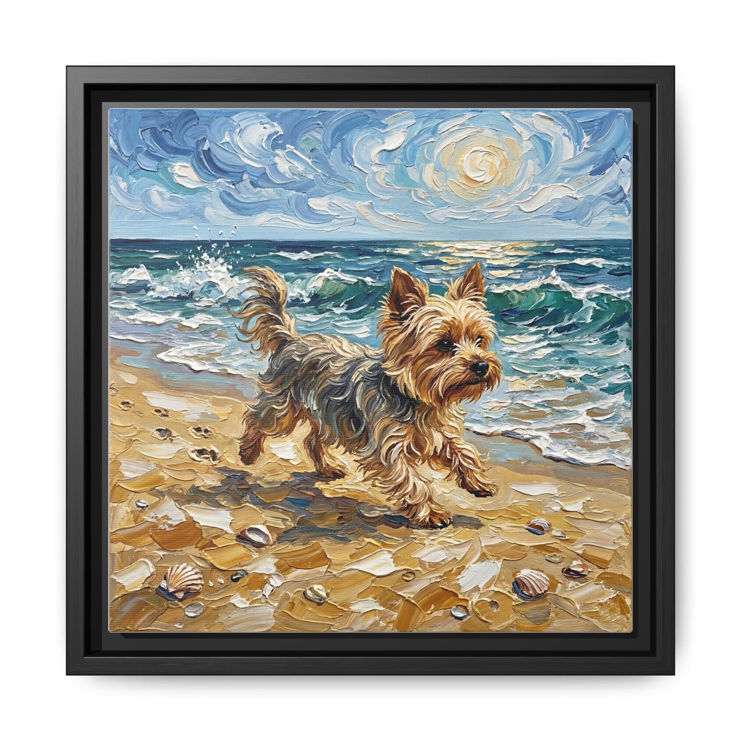 "Beach Day - Yorkie" Framed Canvas Wall Art