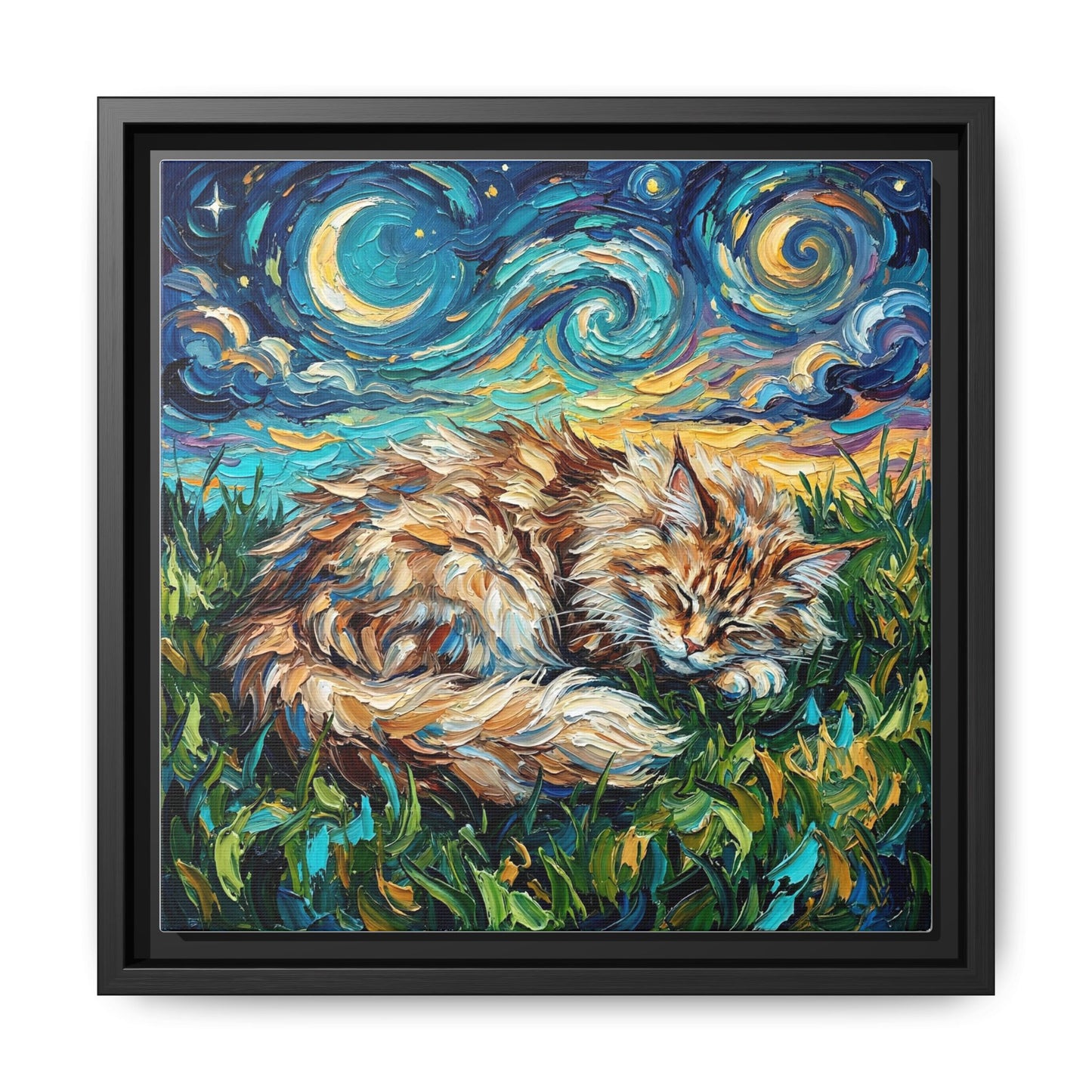"Sleepy Maine Coon Night" Framed Canvas Wall Art