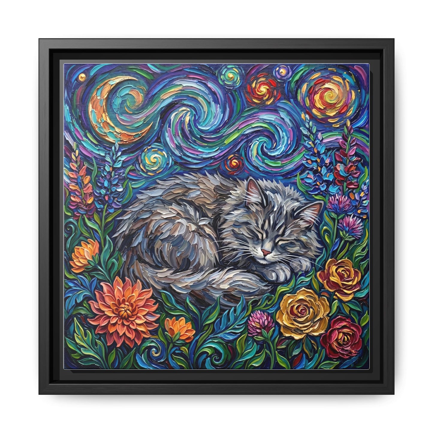 "Amongst The Flowers - Gray Domestic Long Haired Cat" Framed Canvas Wall Art