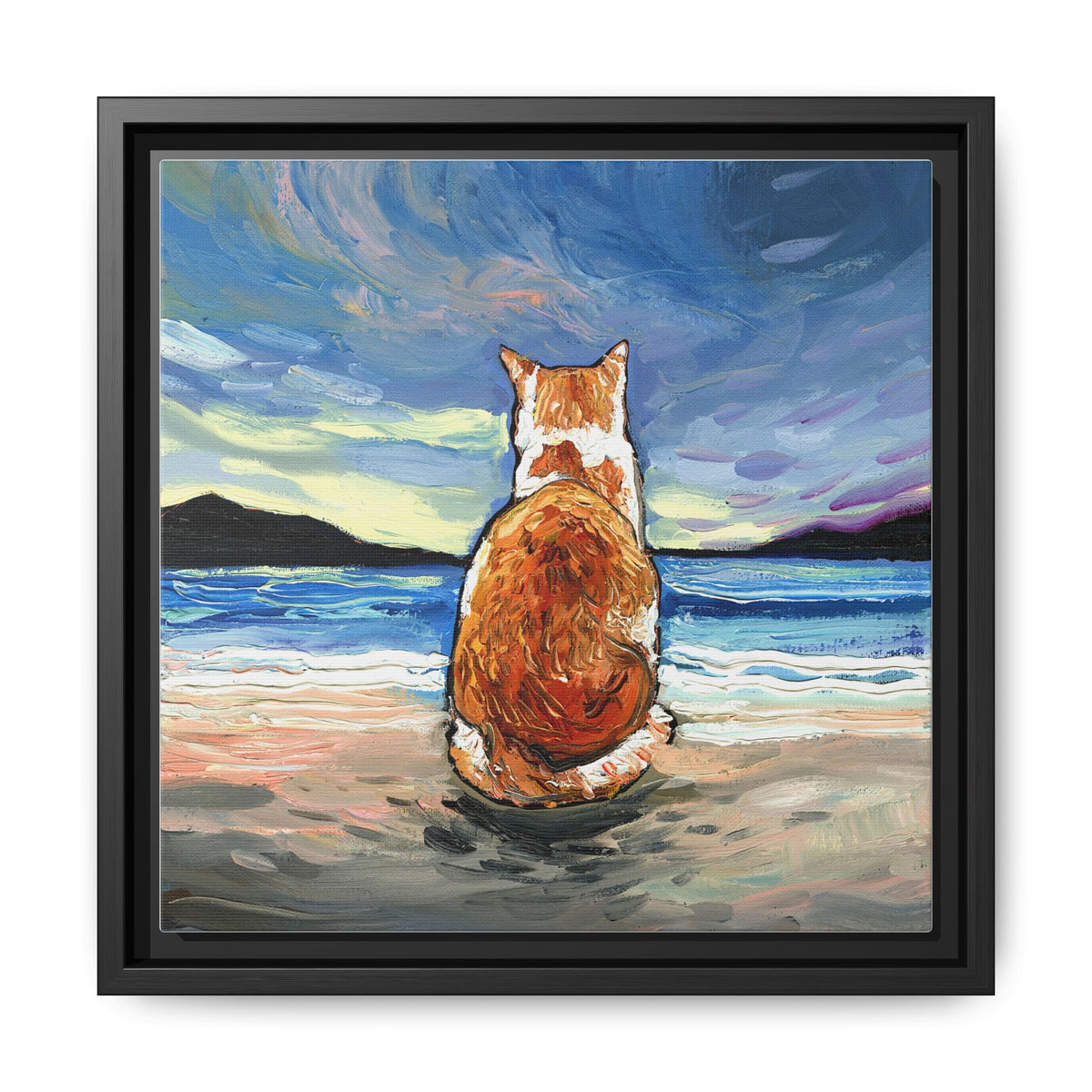"Beach Day - Orange and White Tabby Cat" Framed Canvas Wall Art