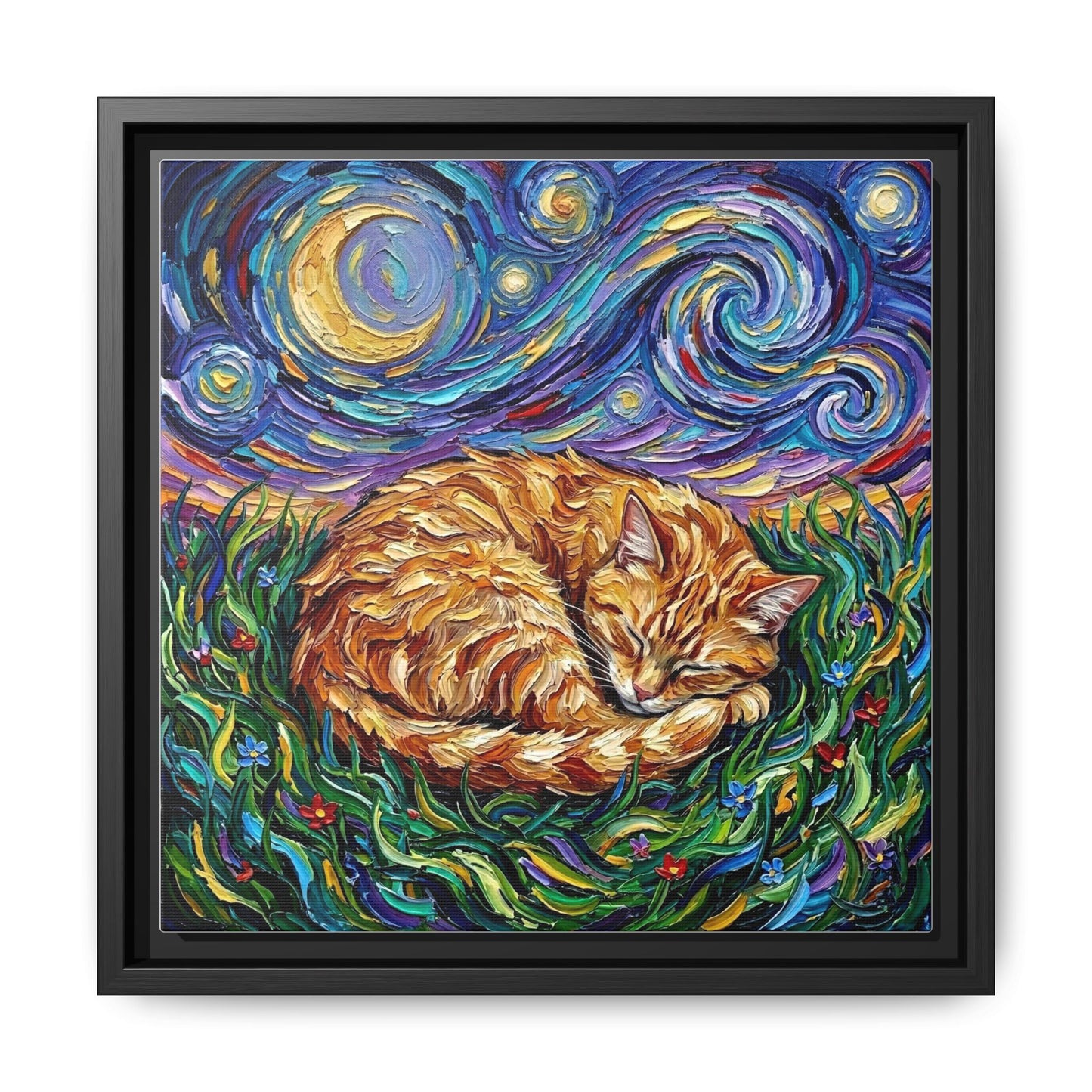 "Sleepy Orange Tabby Night" Framed Canvas Wall Art
