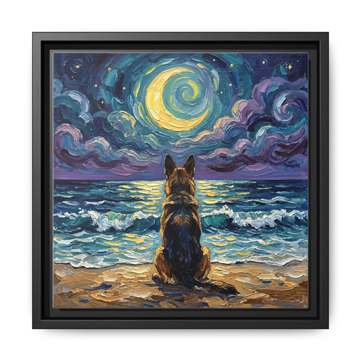 "Beach Night - German Shepherd" Framed Canvas Wall Art
