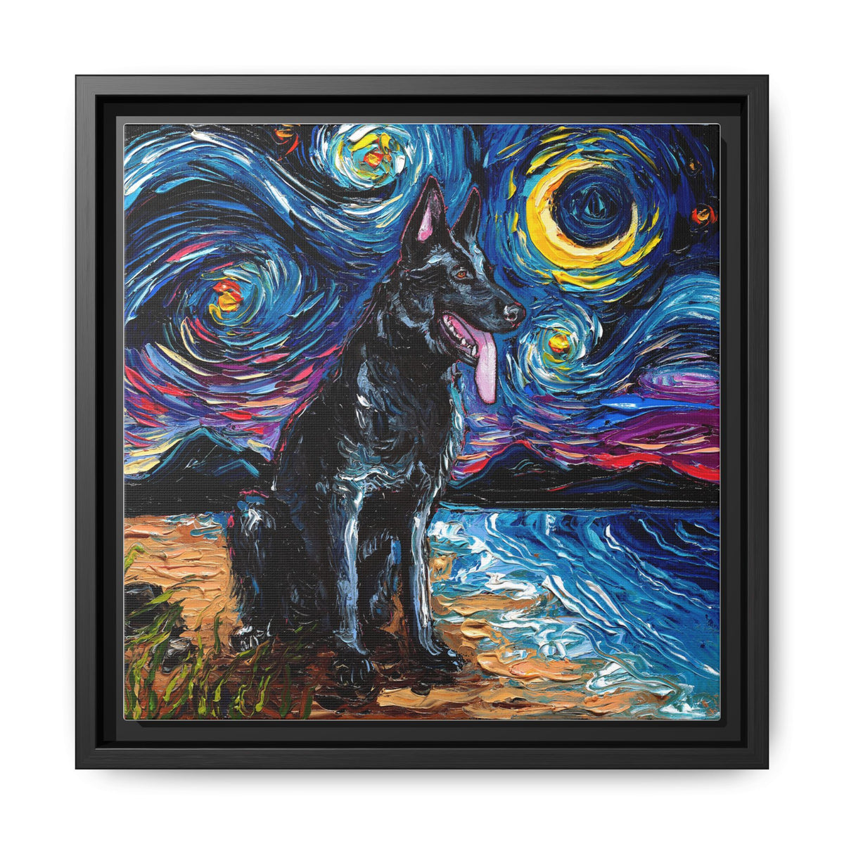 "Black German Shepherd Night" Framed Canvas Wall Art