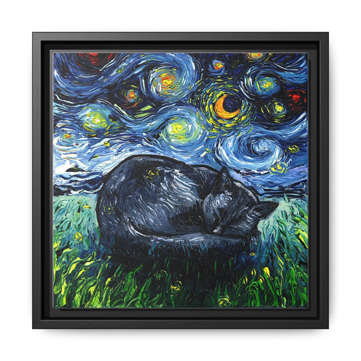 "Sleepy Black Cat Night" Framed Canvas Wall Art