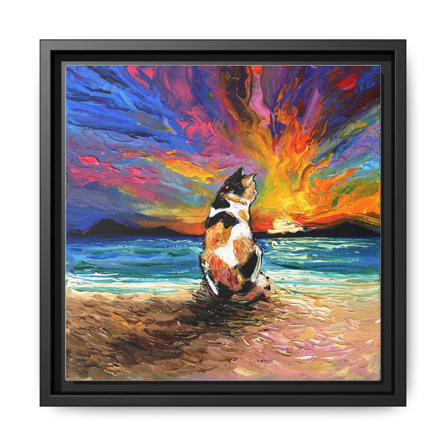 "Beach Day - Calico Cat" Framed Canvas Wall Art