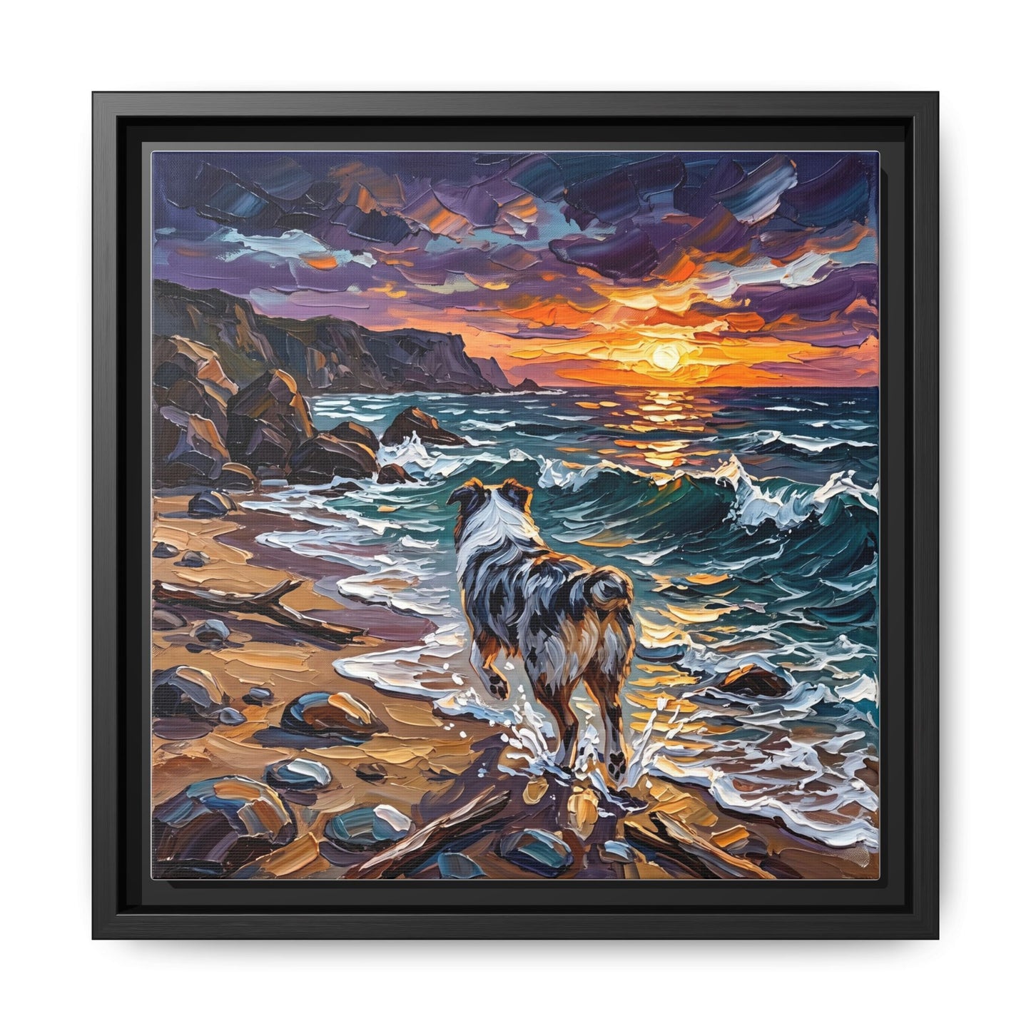 "Beach Day - Merle Aussie Shepherd" Framed Canvas Wall Art
