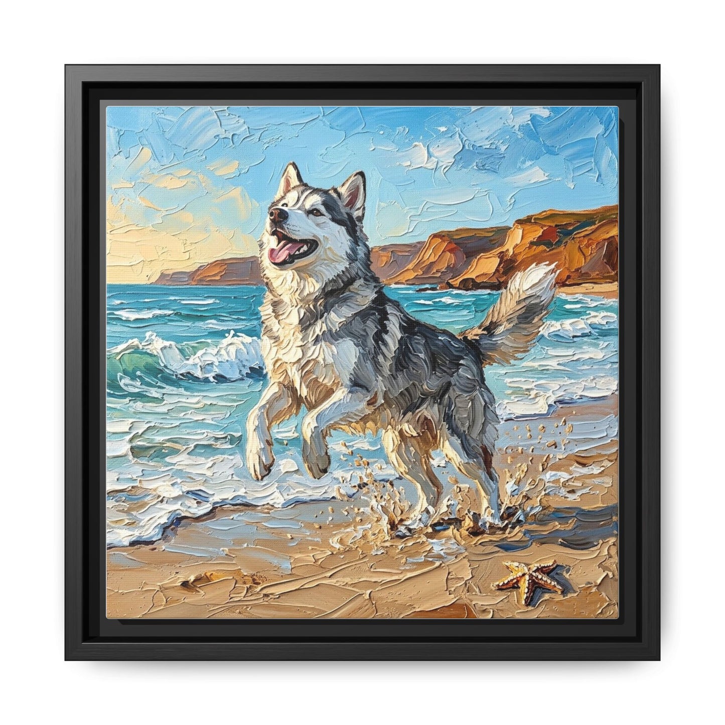"Beach Day - Husky" Framed Canvas Wall Art