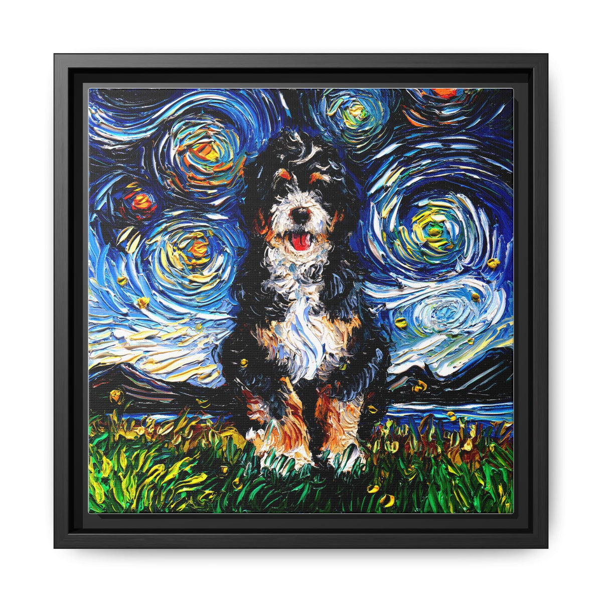 "Bernedoodle Night" Framed Canvas Wall Art