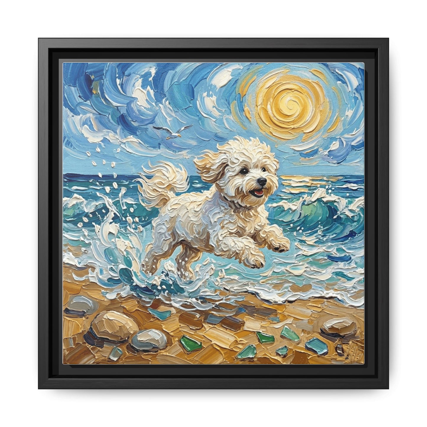 "Beach Day - Bichon Frise" Framed Canvas Wall Art