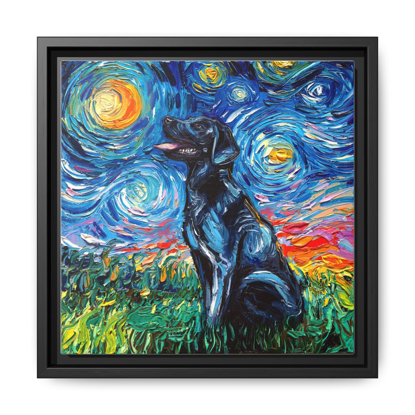 "Black Labrador Night" Framed Canvas Wall Art