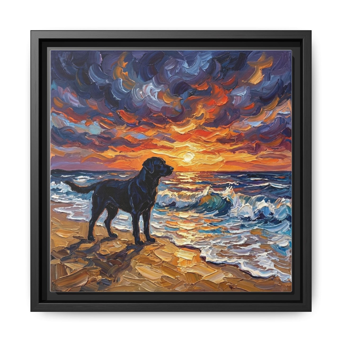 "Beach Sunset - Black Labrador" Framed Canvas Wall Art