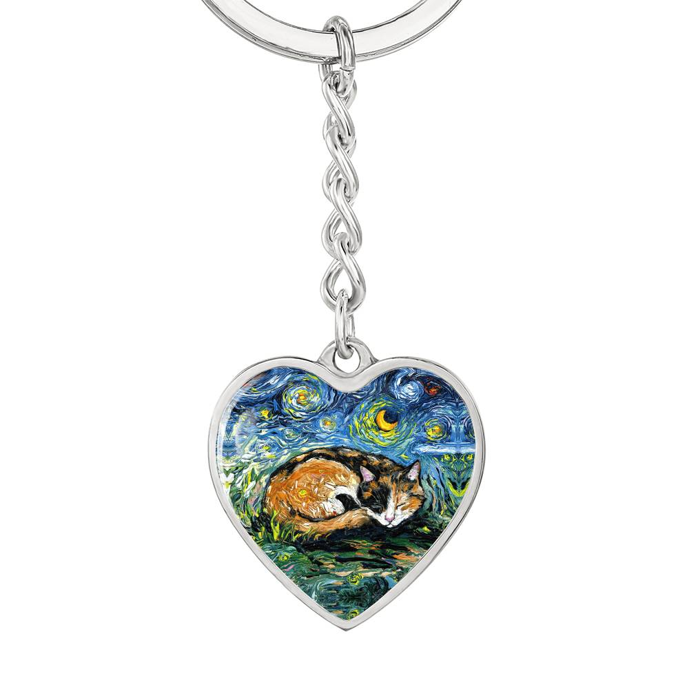 Sleeping Calico Cat Starry Night Heart Keychain