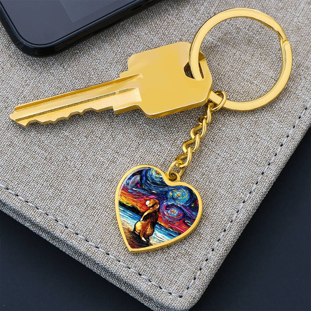 Beagle at the Beach Starry Night Heart Keychain