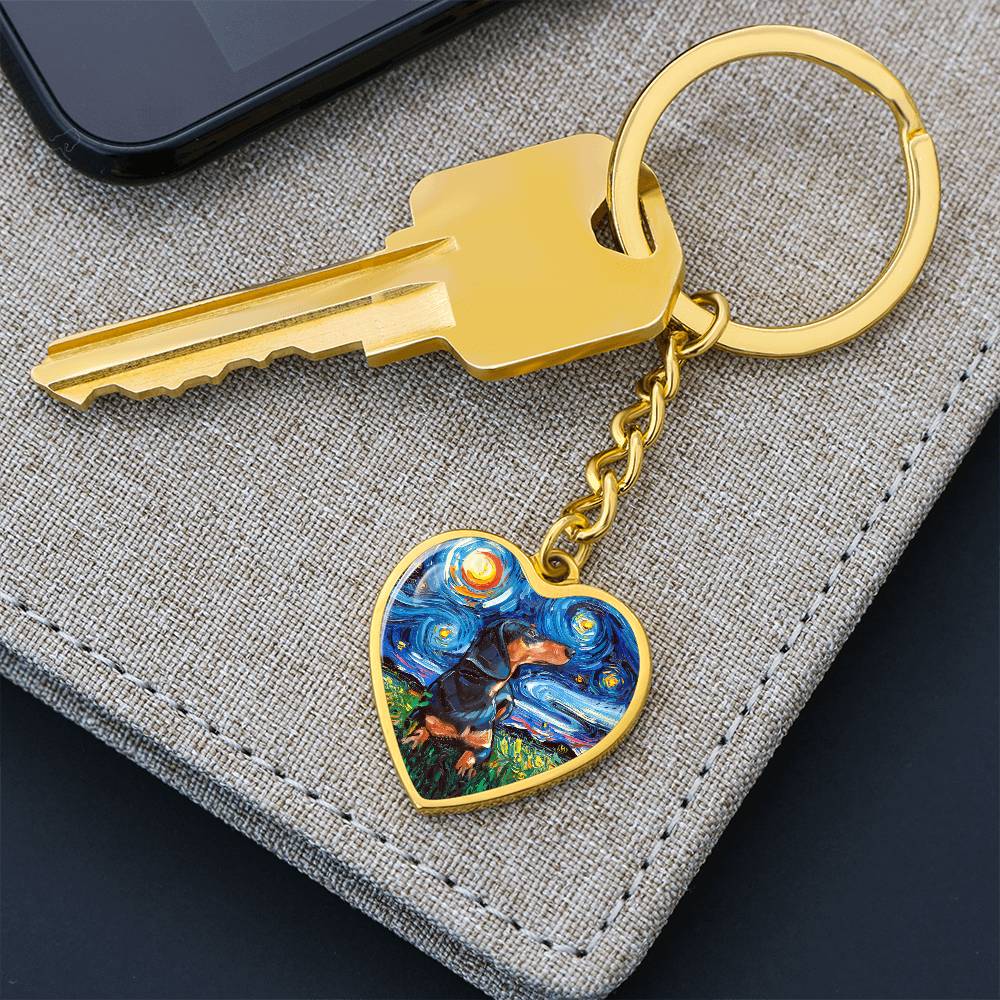 Black and Tan Dachshund Starry Night Heart Keychain
