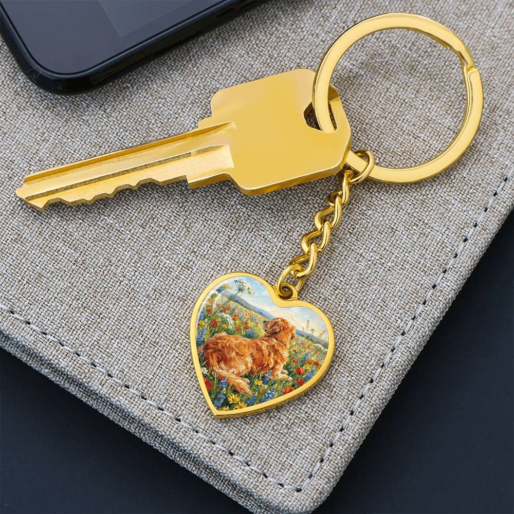 Amongst The Flowers - Golden Retriever Heart Keychain