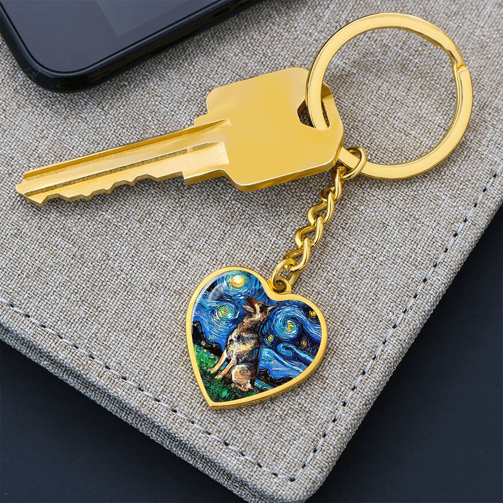 German Shepherd Starry Night Heart Keychain