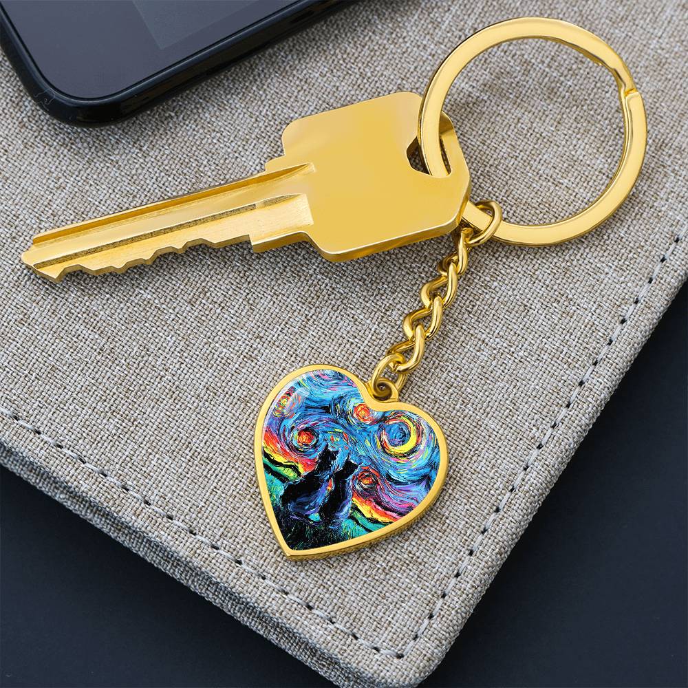 Van Gogh;s Cats Starry Night Heart Keychain