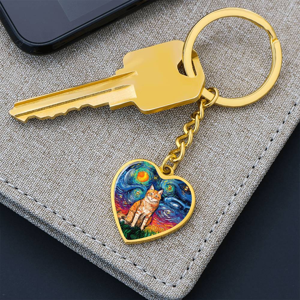 Orange Tabby Cat Starry Night Heart Keychain