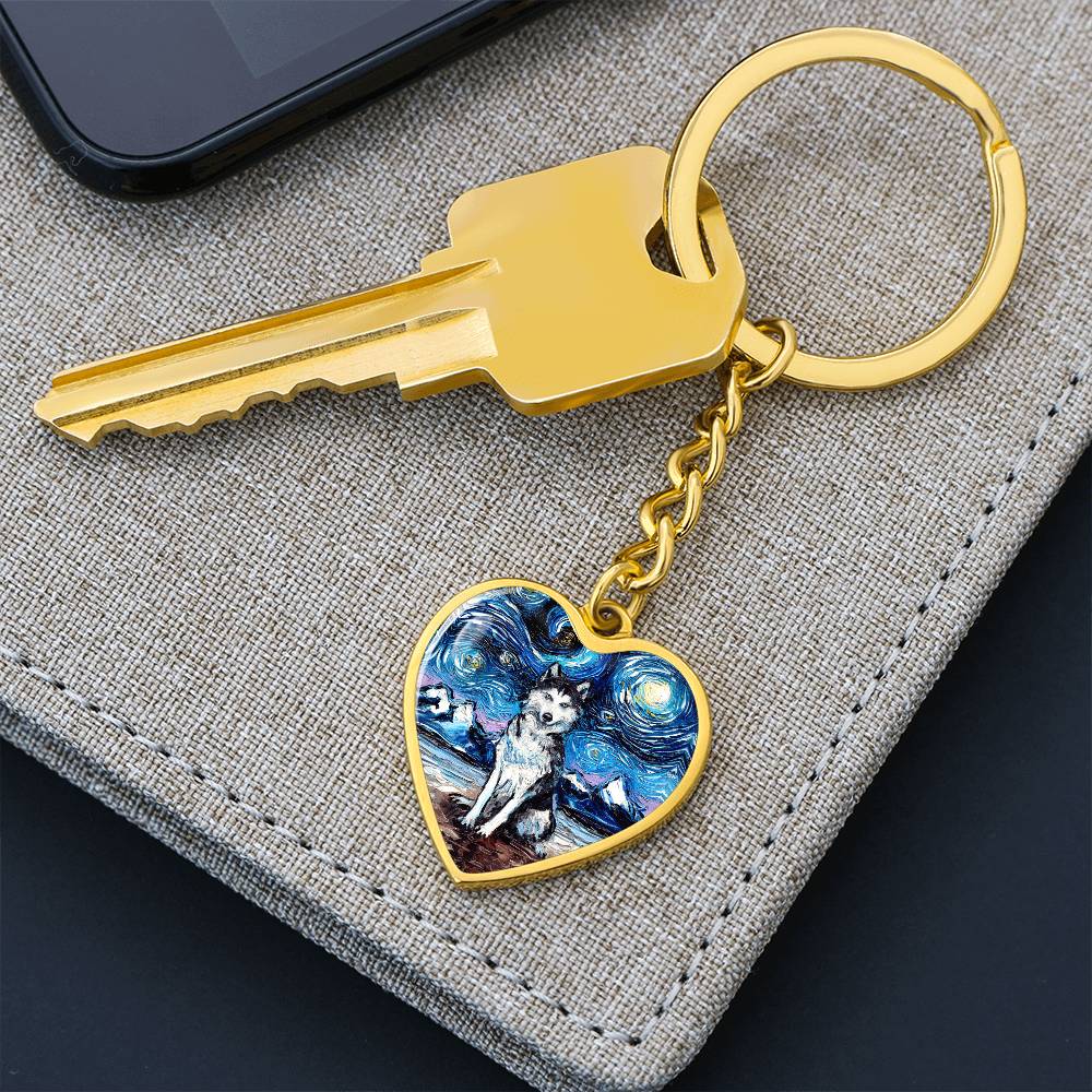Husky Starry Night Heart Keychain