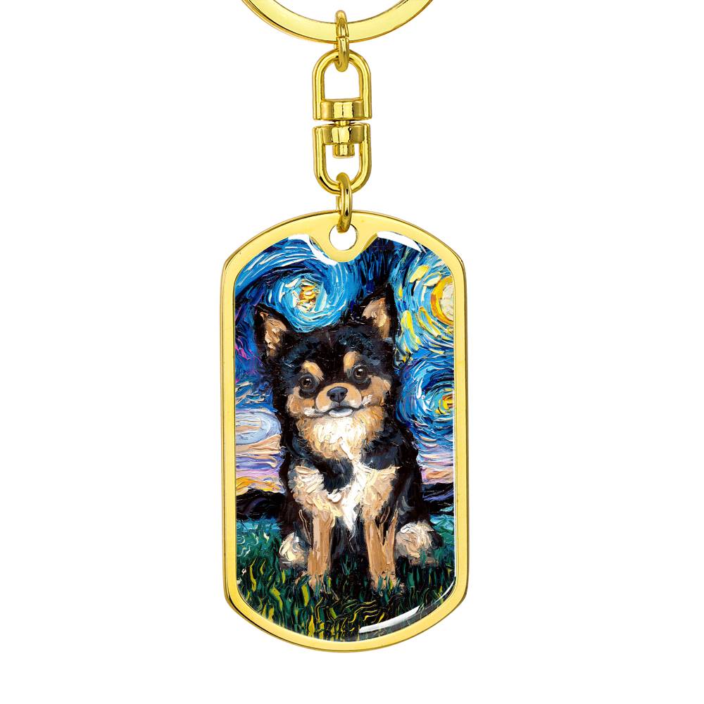 Black and Tan Long Hair Chihuahua Starry Night Dog Tag Keychain