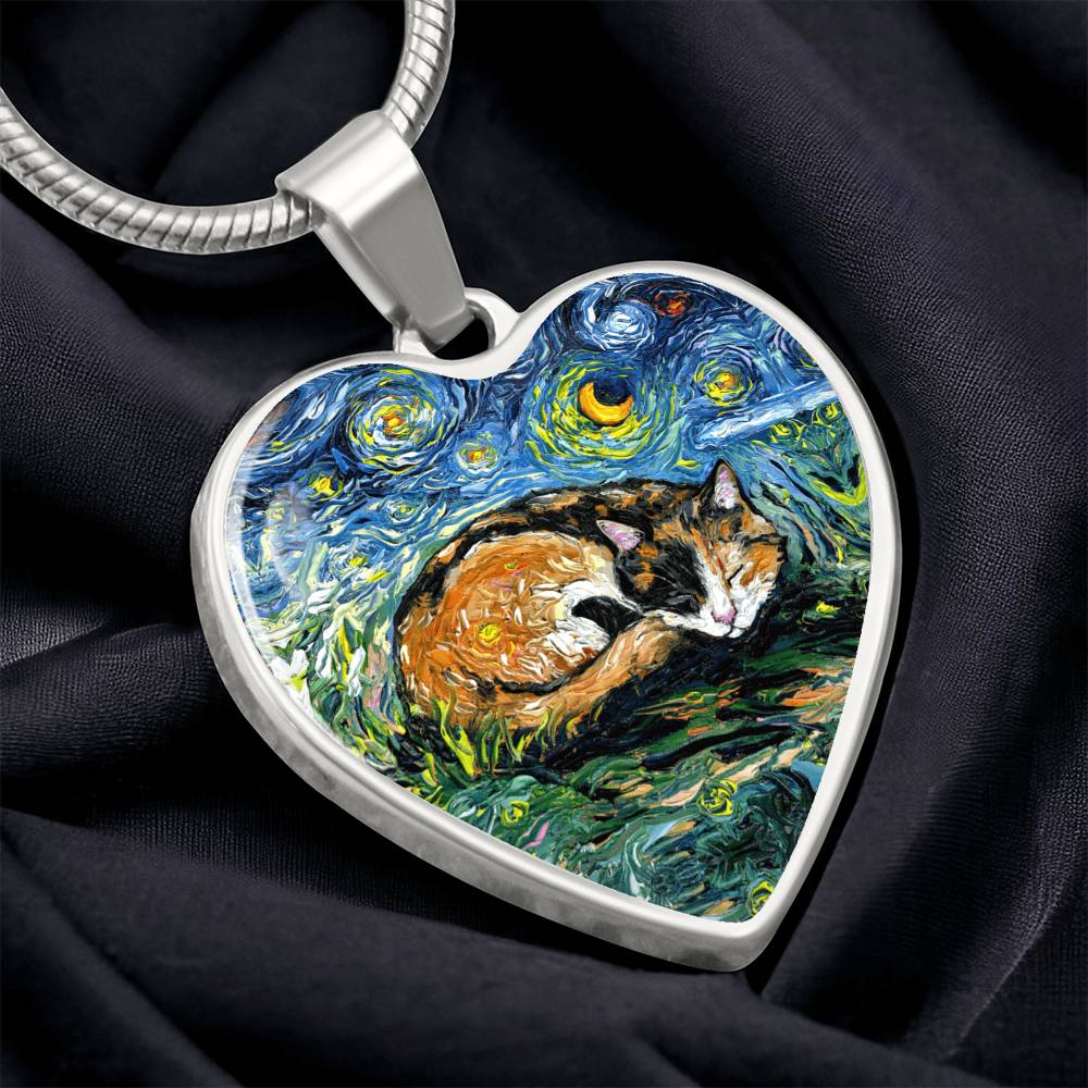 Sleeping Calico Cat Starry Night Heart Necklace
