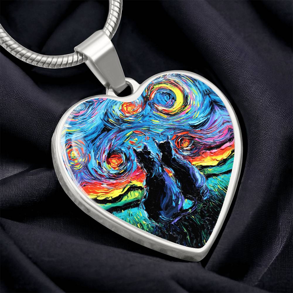 Van Gogh's Cats Starry Night Heart Necklace