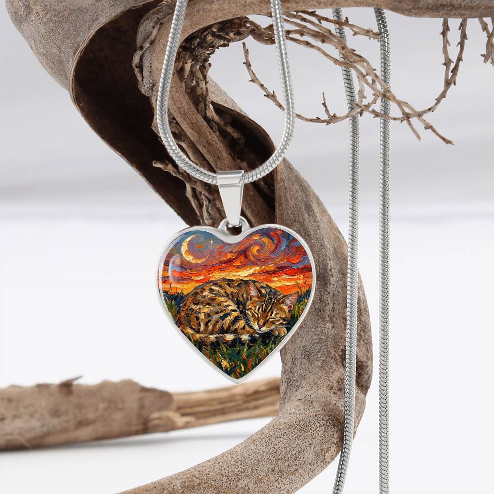 Sleepy Egyptian Mau Night Heart Necklace