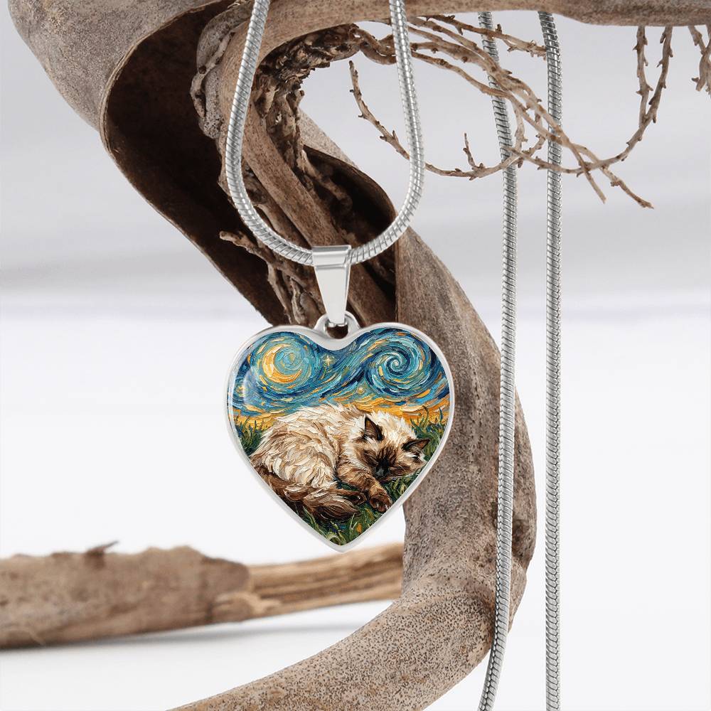 Sleepy Birman Night Heart Necklace
