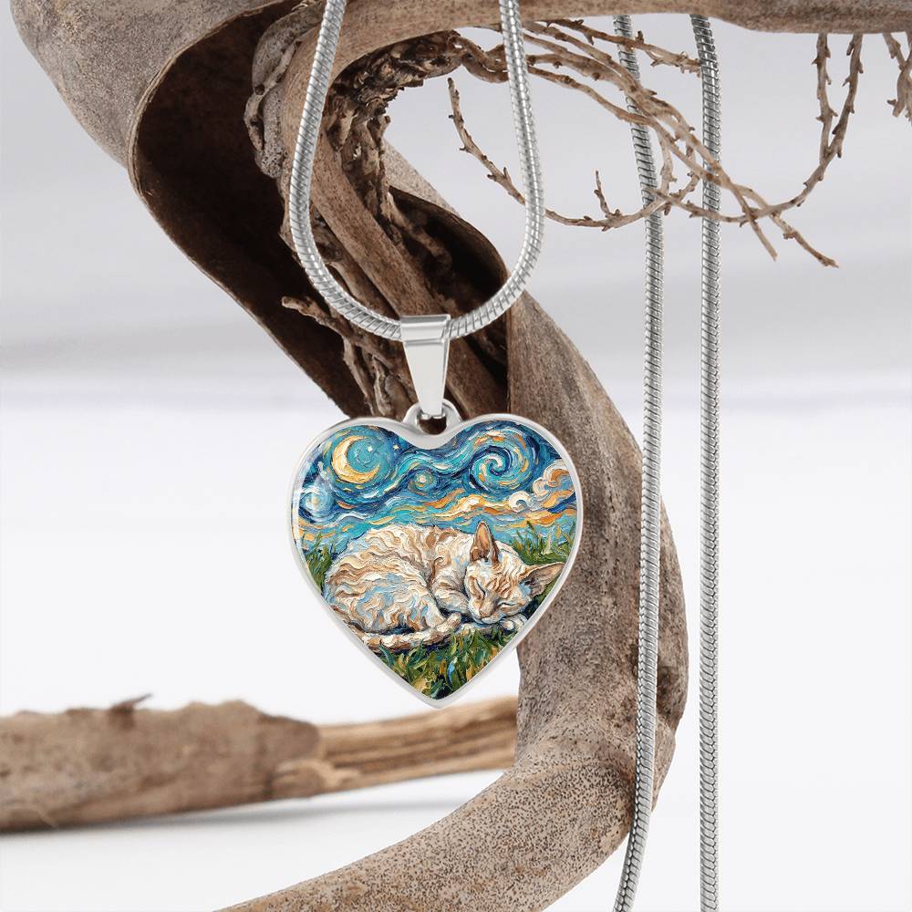 Sleepy Cornish Rex Night Heart Necklace