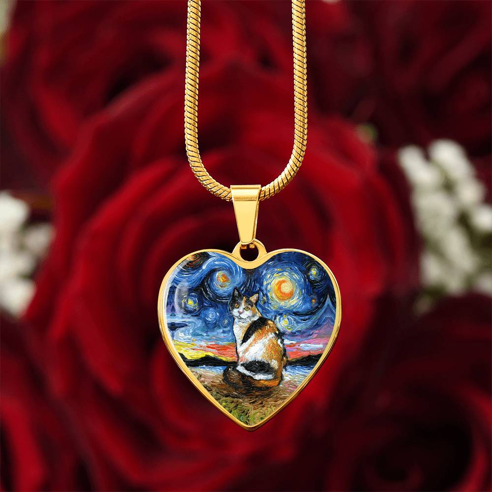 Calico Cat Starry Night Heart Necklace