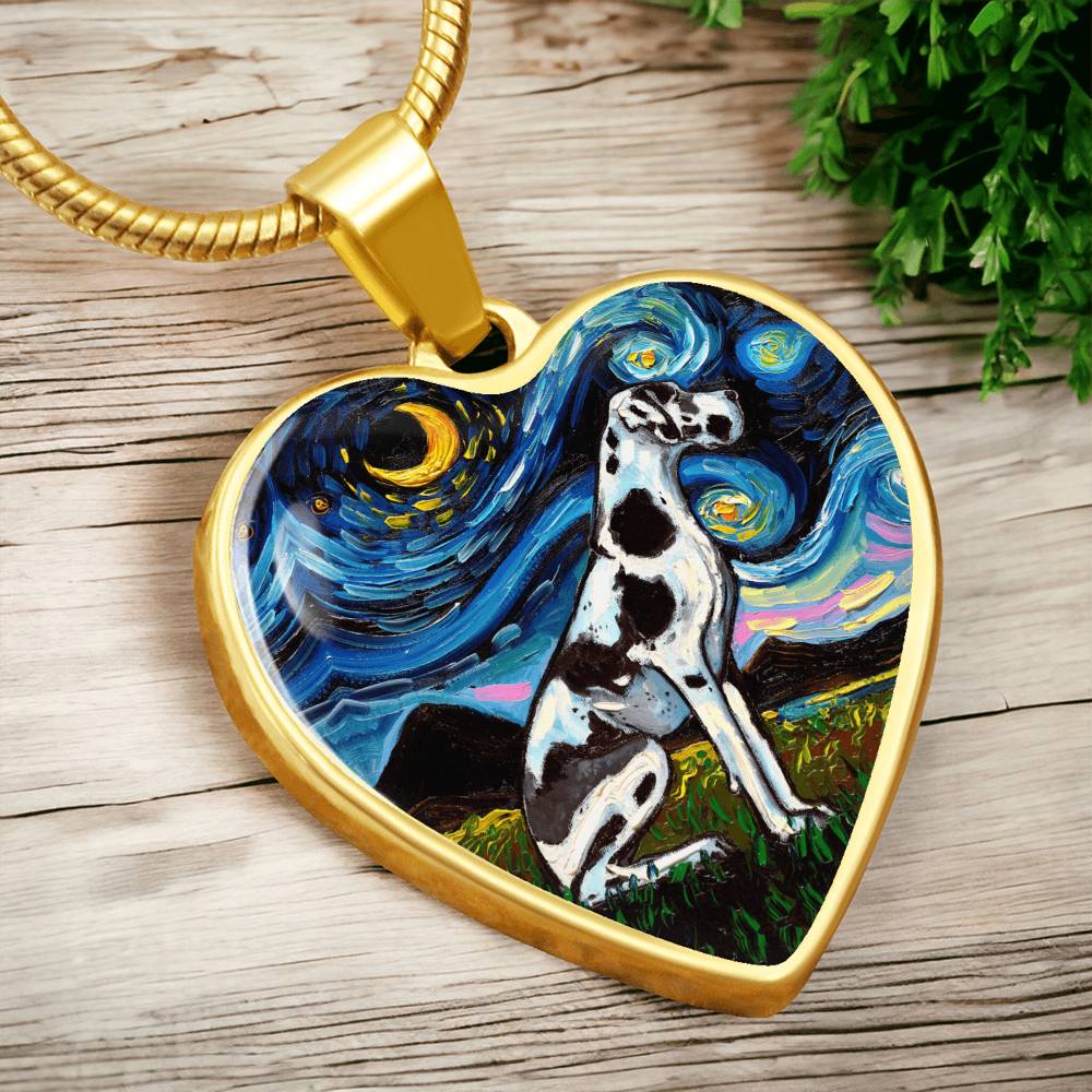 Harlequin Great Dane Starry Night Heart Necklace