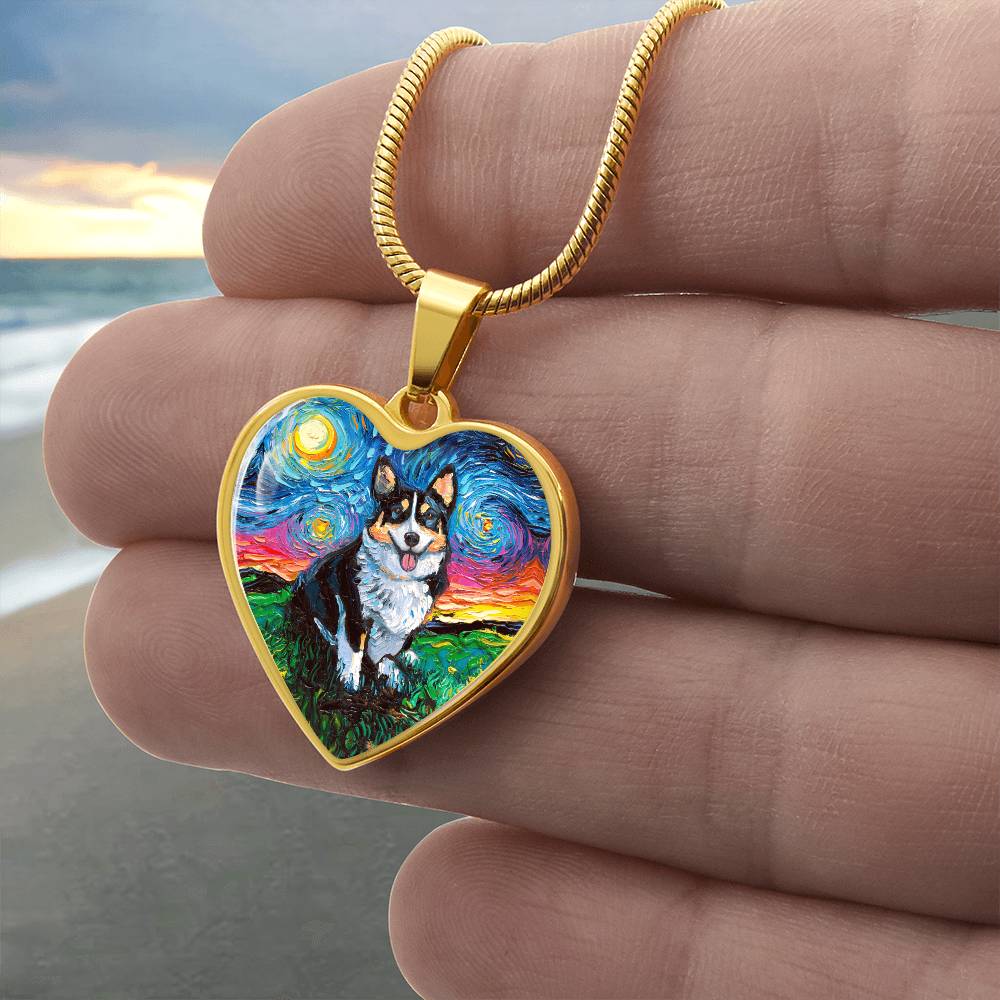 Tri Color Corgi Starry Night Heart Necklace