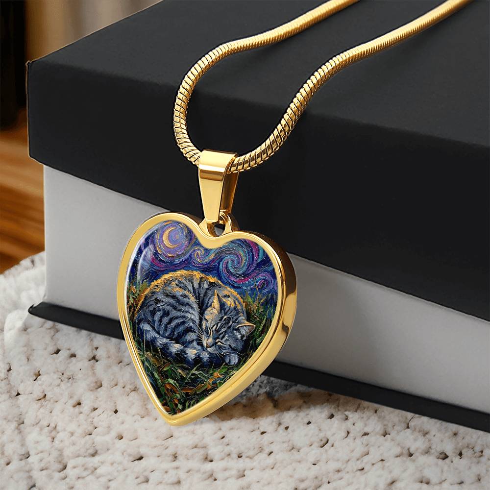 Sleepy American Shorthair Tabby Heart Necklace