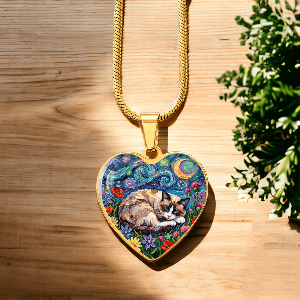 Sleepy Snowshoe Cat Night Heart Necklace
