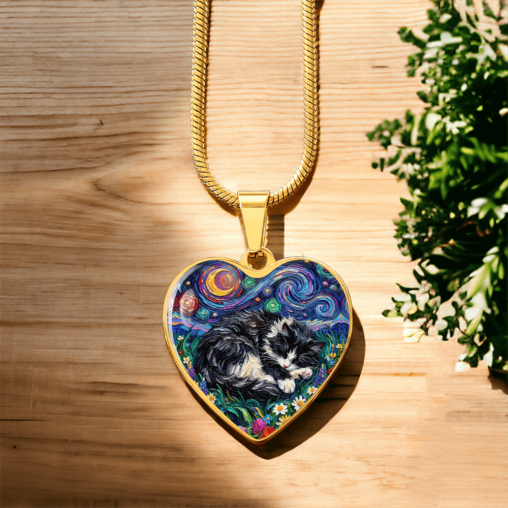 Sleepy Long Hair Tuxedo Heart Necklace