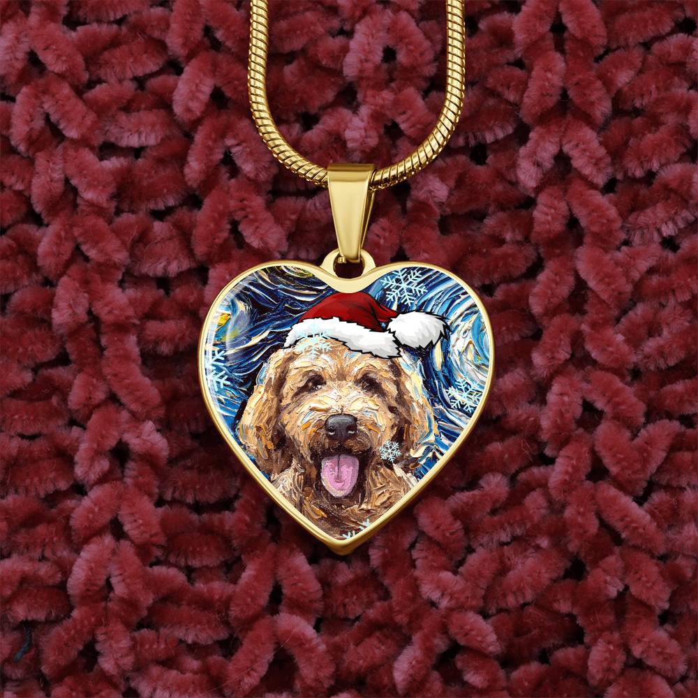 Goldendoodle in Santa Hat Starry Night Heart Necklace