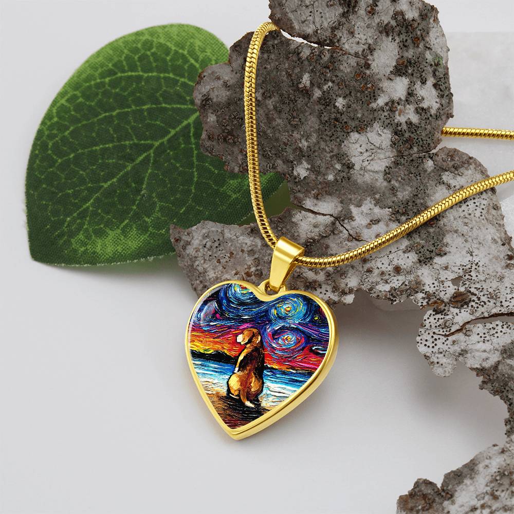 Beagle at the Beach Starry Night Heart Necklace