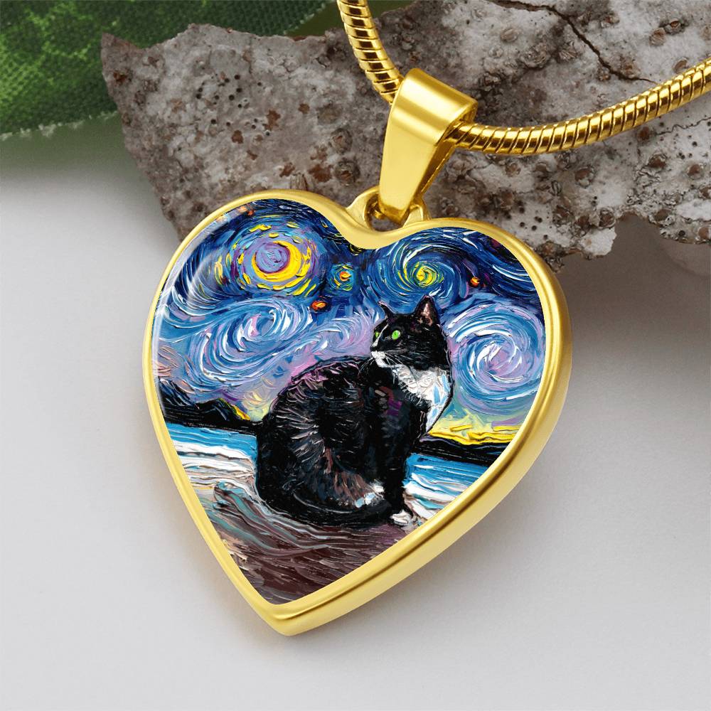 Tuxedo Cat with Green Eyes and White up nose Starry Night Heart Necklace