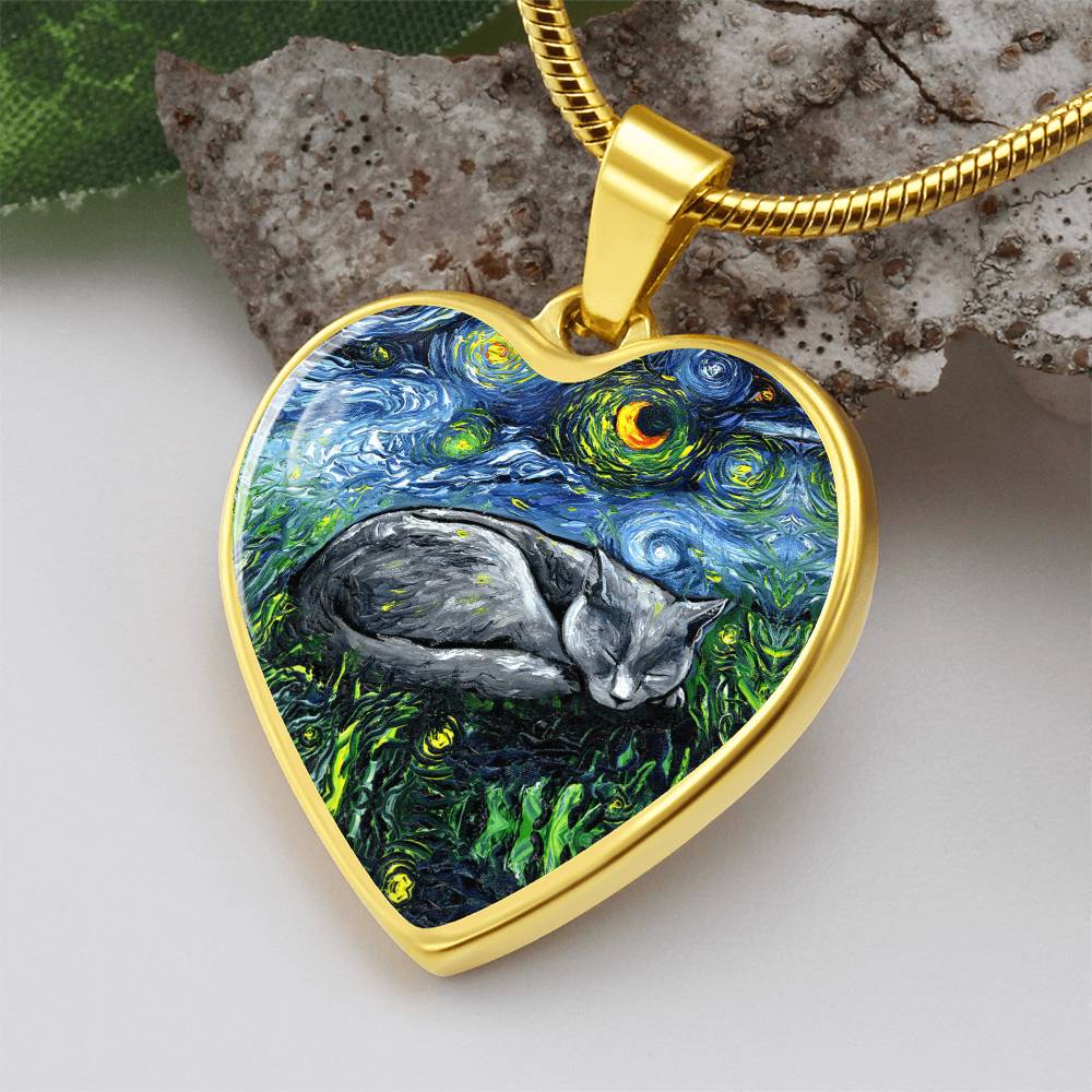 SleepingRussian Blue Cat Starry Night Heart Necklace