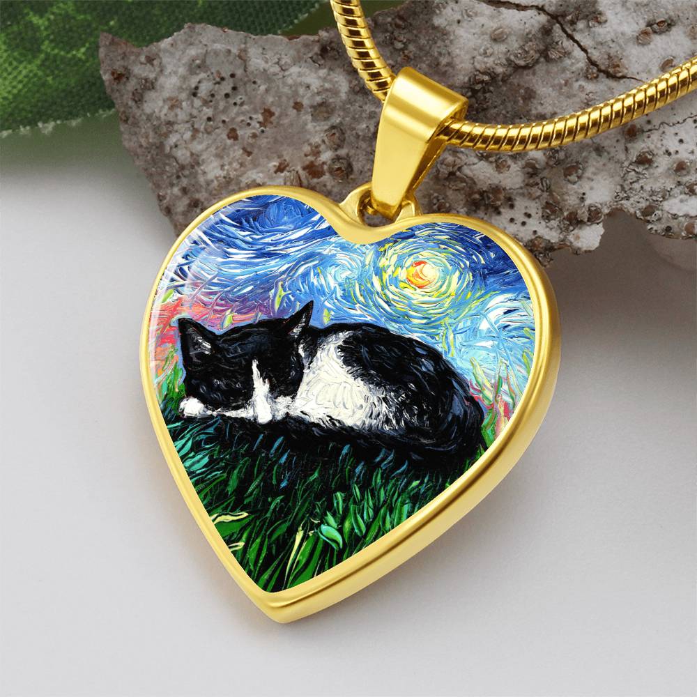 Sleepy Tuxedo Kitten Starry Night Heart Necklace