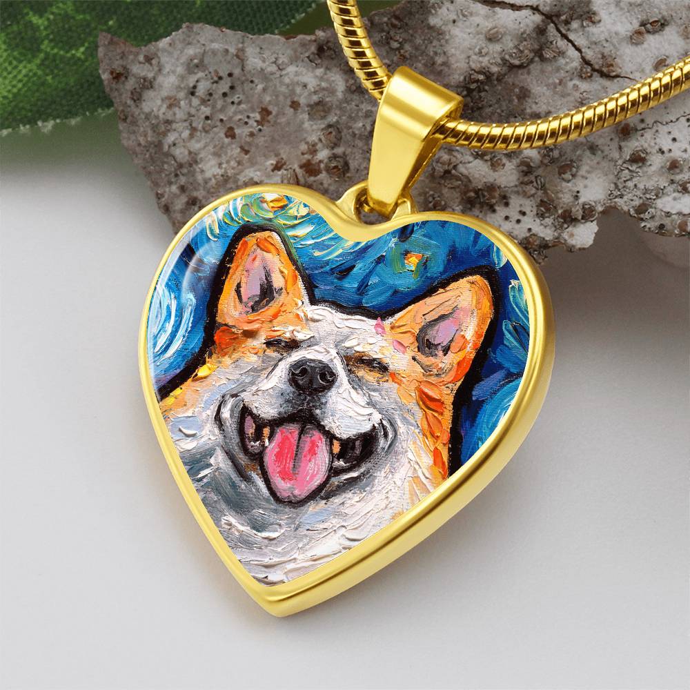 Smiling Corgi Portrait Starry Night Heart Necklace